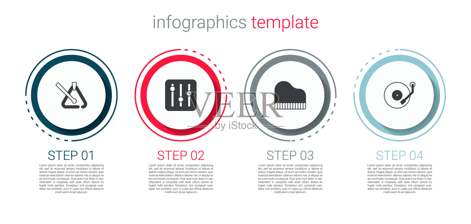 集三角乐器，混音控制器，大钢琴和黑胶播放器。业务信息图表模板。向量插画图片素材