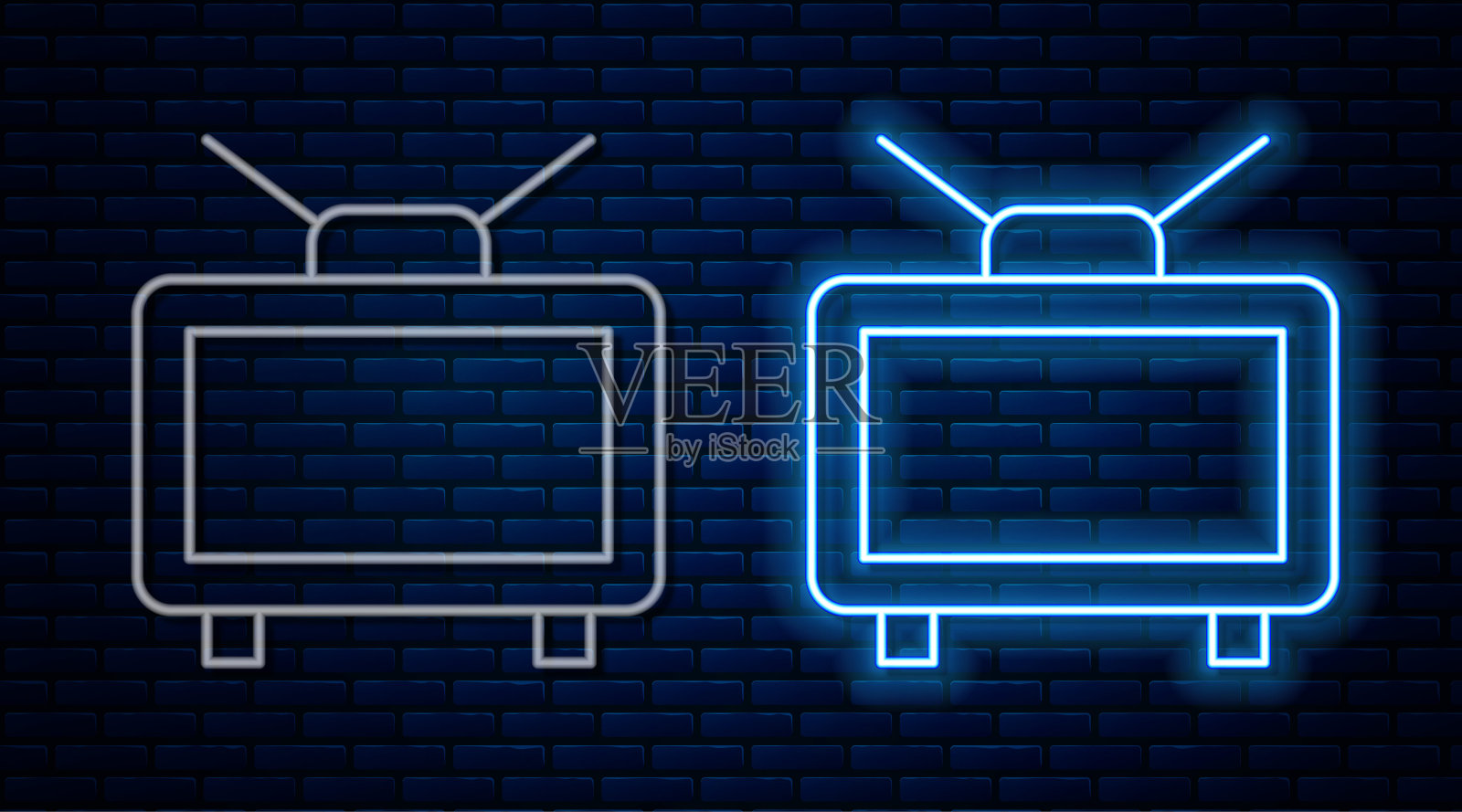 发光的霓虹灯线足球足球比赛在电视图标孤立的砖墙背景。足球在线概念。向量插画图片素材