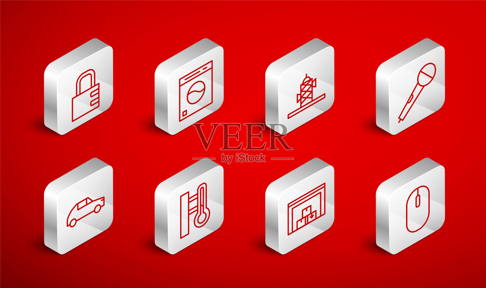 设置线电脑鼠标，洗衣机，天线，麦克风，仓库，安全密码锁，气象温度计和汽车图标。向量插画图片素材