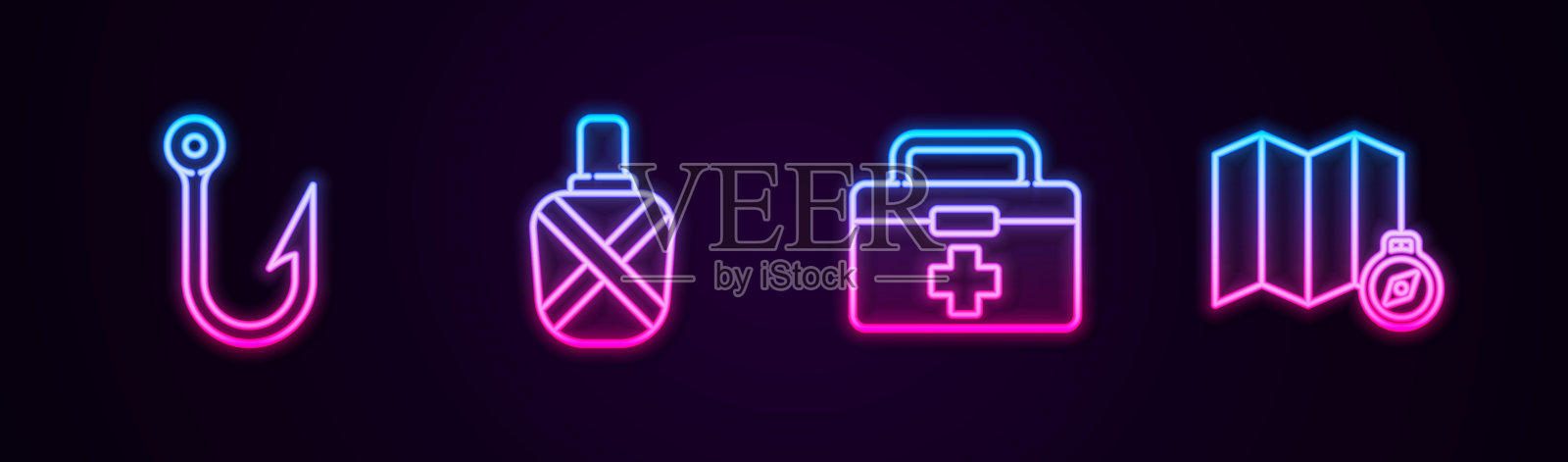 设好鱼钩、水壶、急救箱和地图上森林的位置。发光的霓虹灯图标。向量插画图片素材