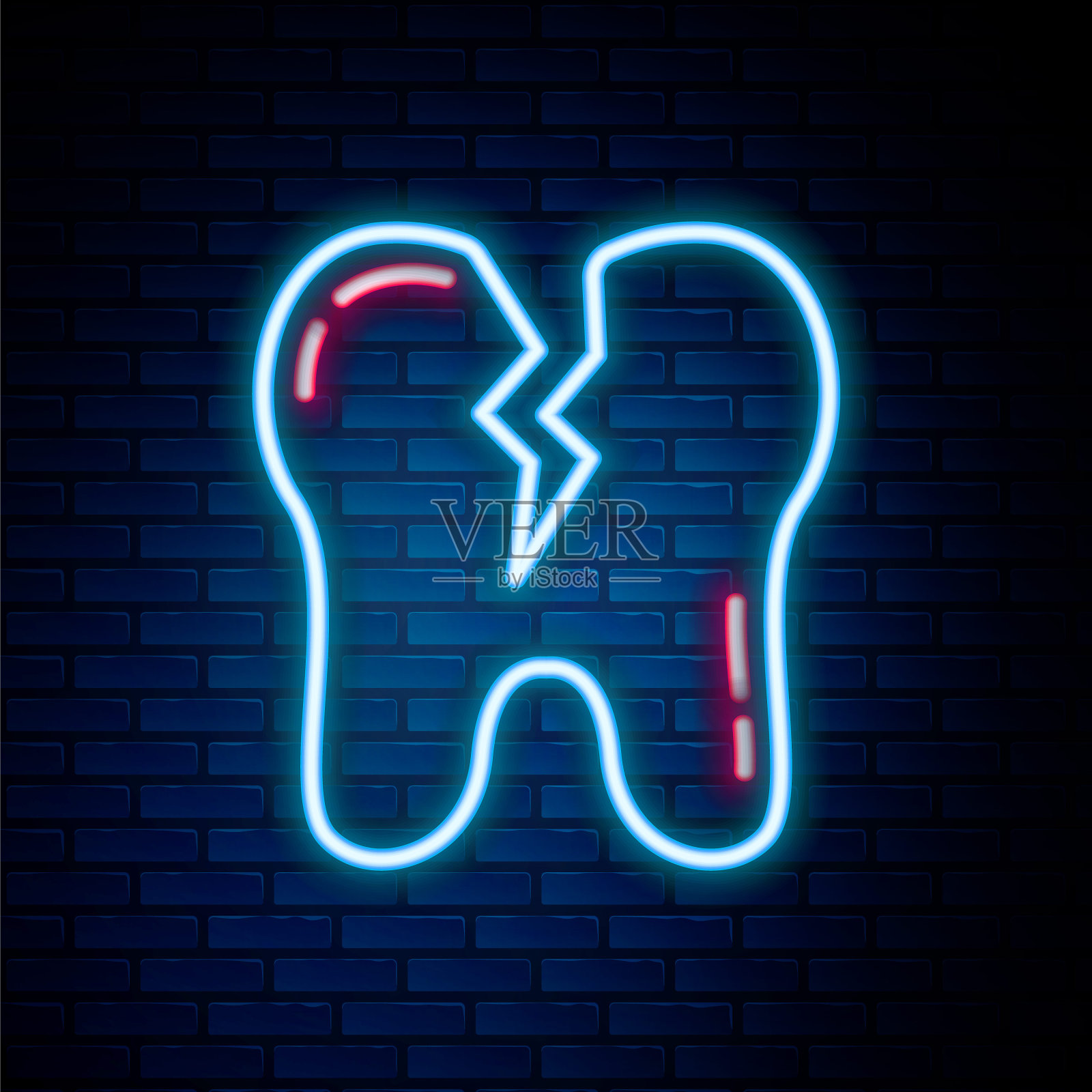 发光的霓虹灯线破碎的牙齿图标孤立的砖墙背景。牙齿问题图标。牙齿护理标志。色彩缤纷的轮廓概念。向量插画图片素材