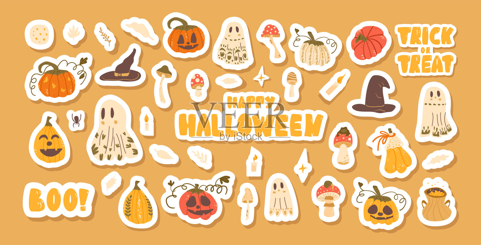 一套万圣节贴纸隔离。南瓜，鬼，女巫帽和字母标志套件。收藏秋日喜庆。矢量手绘插图。插画图片素材