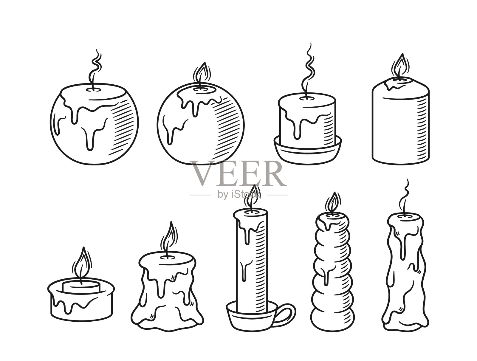 手绘涂鸦式插图蜡烛与各种形状和蜡滴隔离在白色的集合插画图片素材