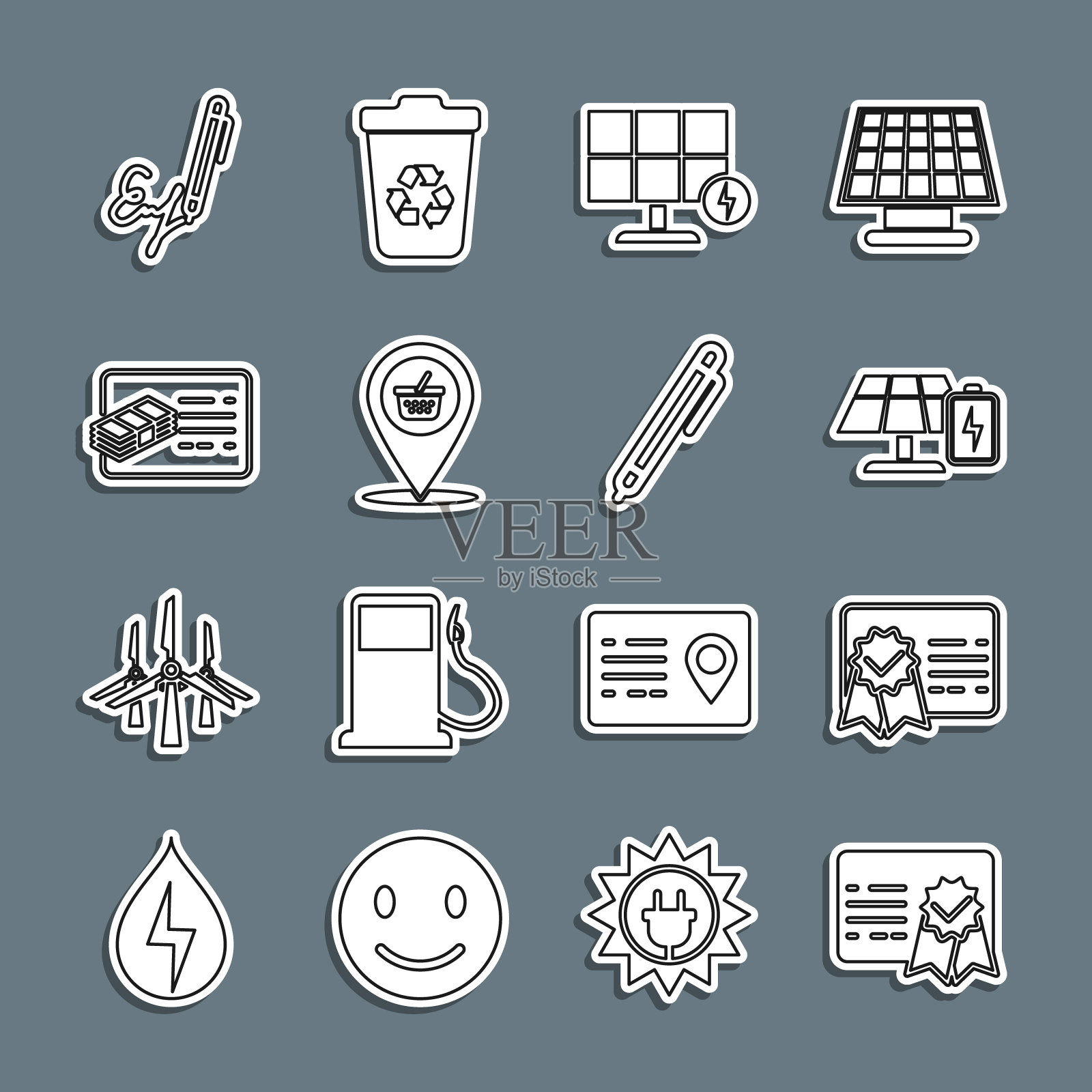 设置线证书模板，太阳能电池板和电池，位置购物篮，财务文件，签名和笔图标。向量插画图片素材