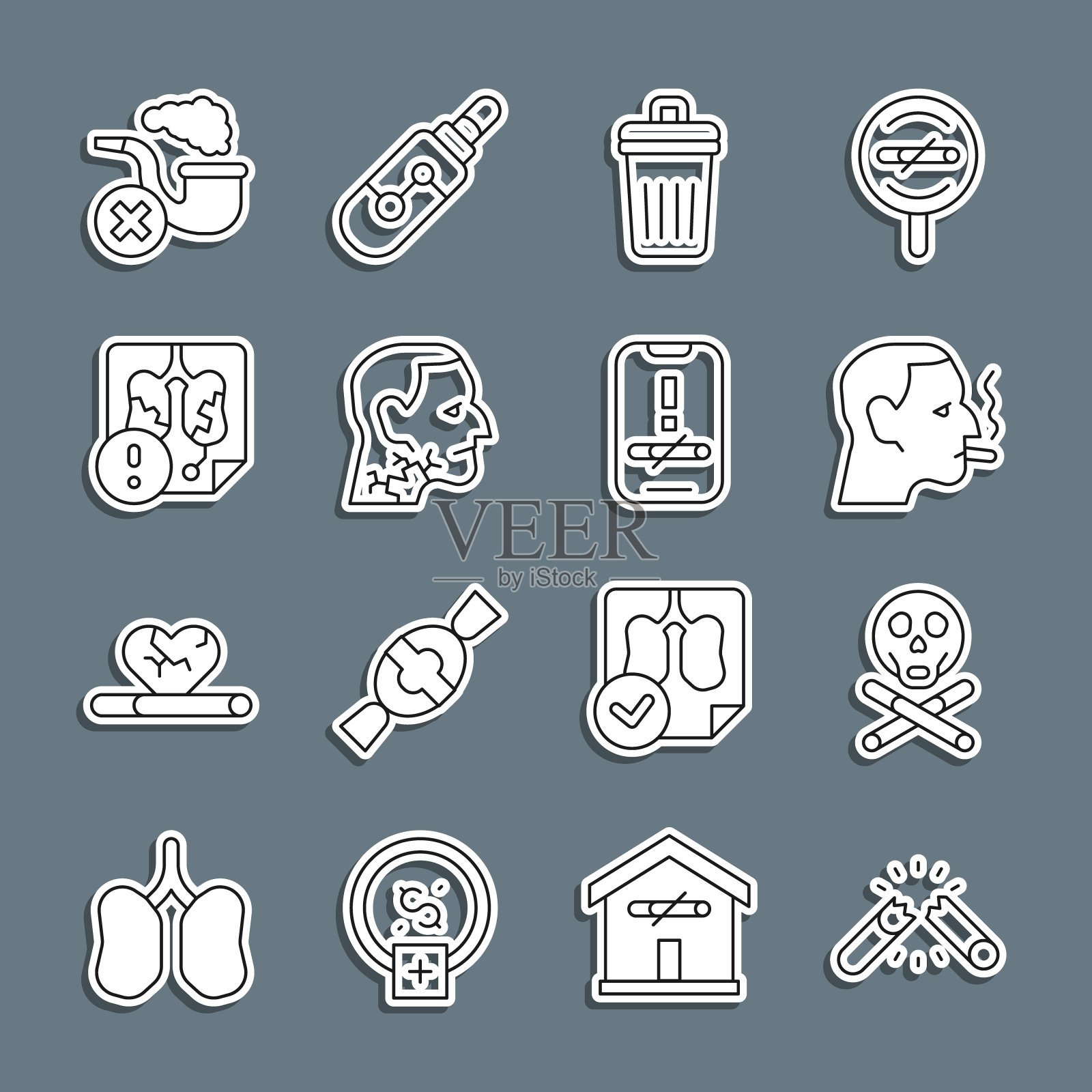 设定线断香烟，骨头和头骨，男人吸烟，垃圾桶，喉癌，疾病肺，吸烟管与烟雾和没有图标。向量插画图片素材