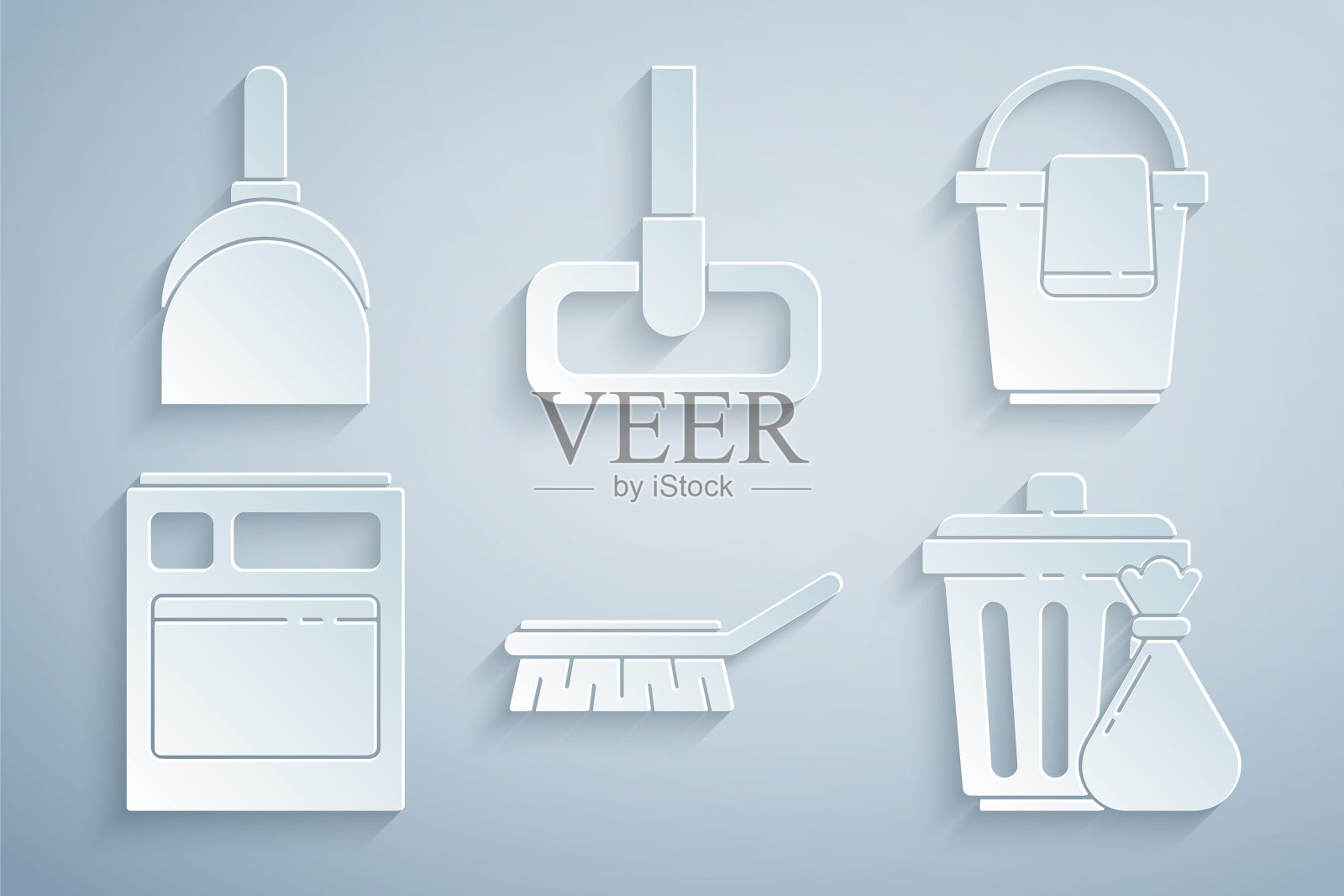 设置清洁刷，桶与抹布，厨房洗碗机，垃圾桶和垃圾袋，拖把和簸箕图标。向量插画图片素材