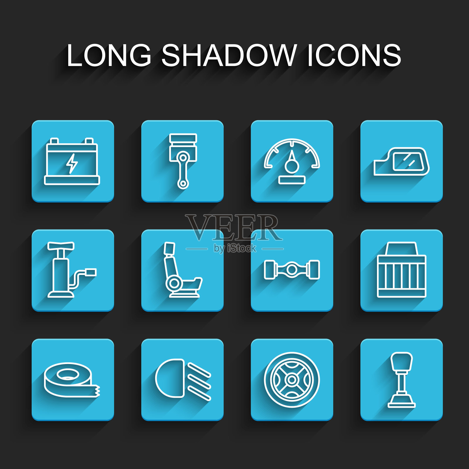 设置线透明胶带，远光灯，汽车电池，车轮，变速杆，座椅，空气过滤器和底盘汽车图标。向量插画图片素材