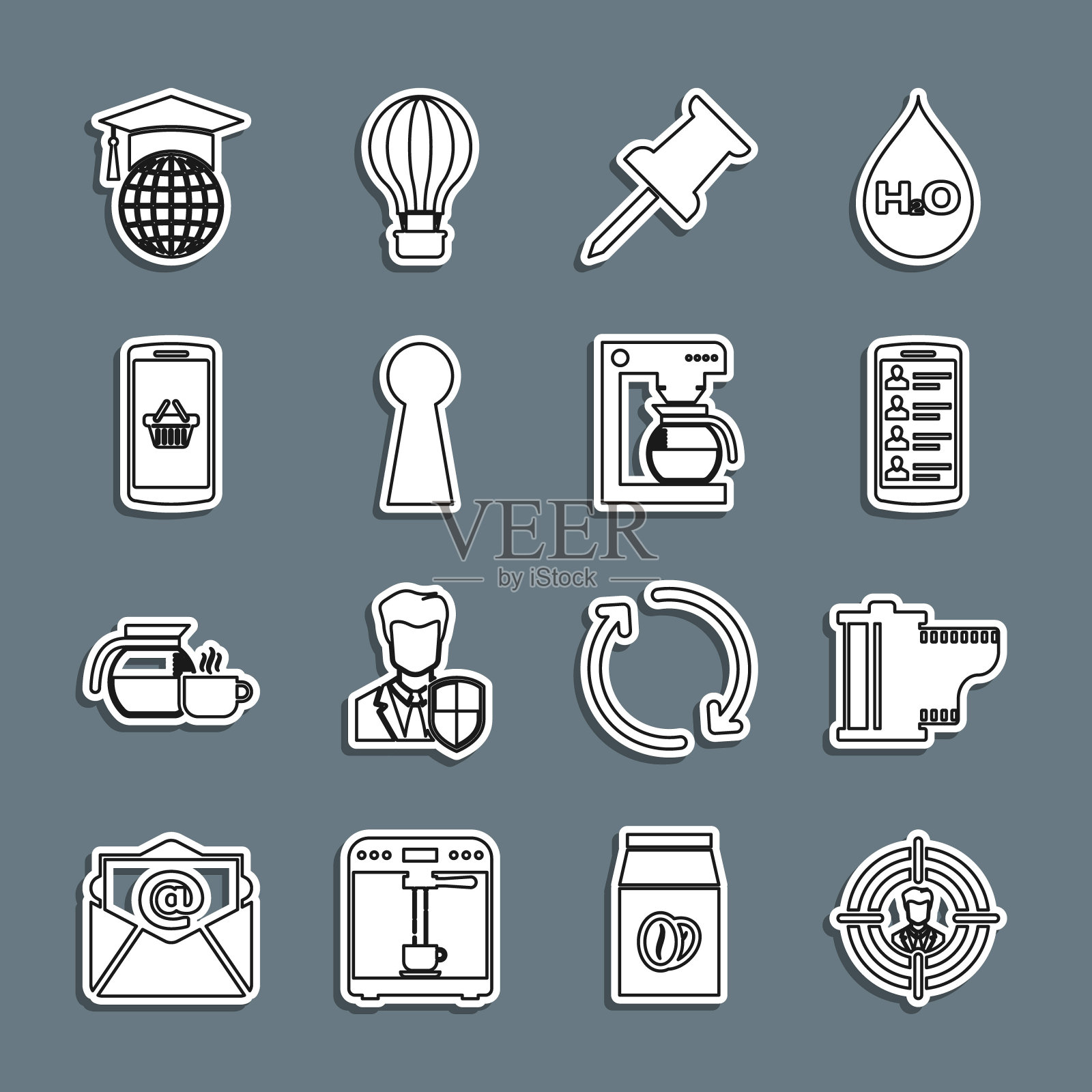 集线狩猎，相机胶卷卷墨盒，智能手机与联系人，推销，钥匙孔，购物篮移动，毕业帽地球仪和咖啡机壶图标。向量插画图片素材