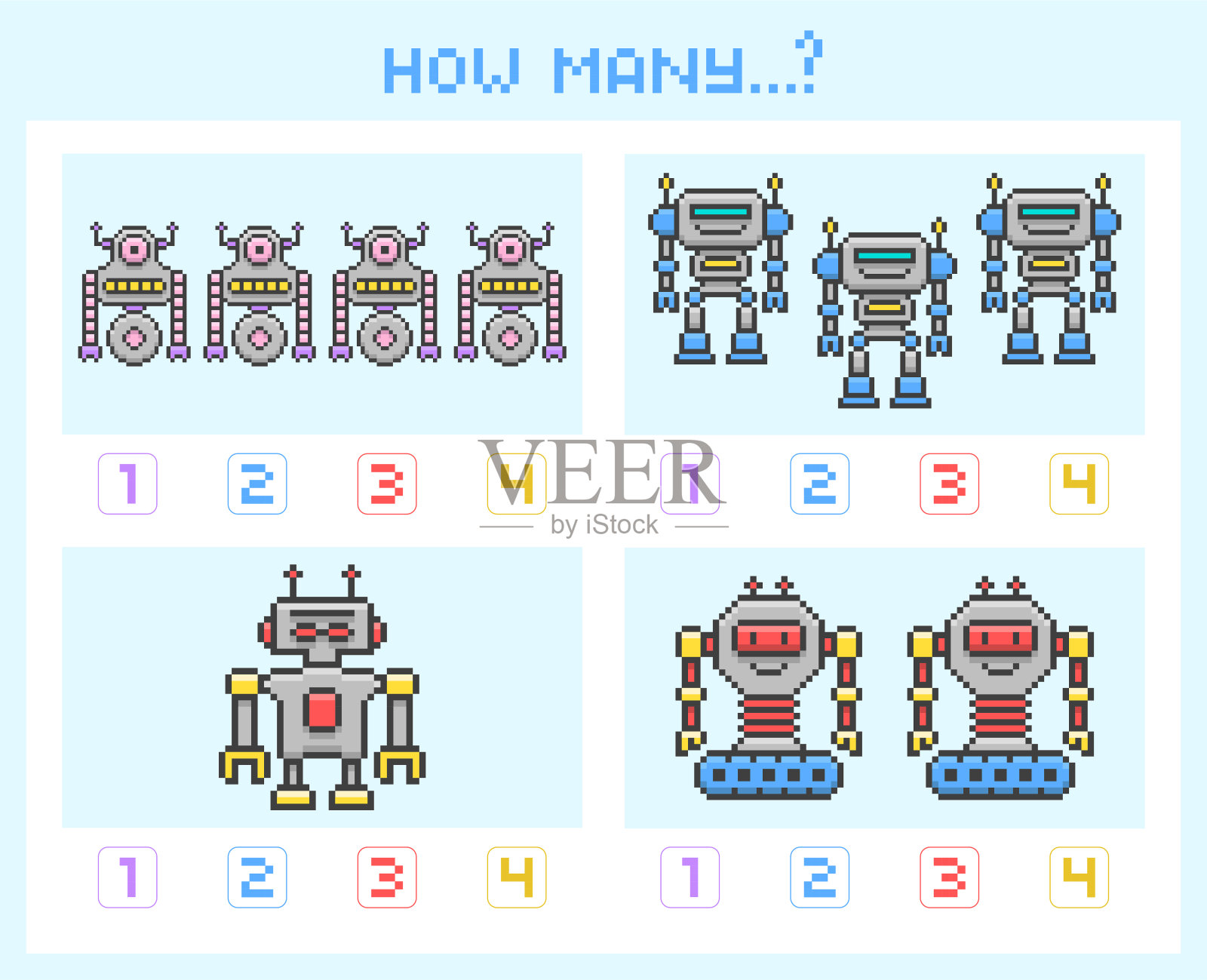 儿童数数教育数学游戏。有多少机器人在执行任务。教孩子数学。像素样式的矢量插图插画图片素材