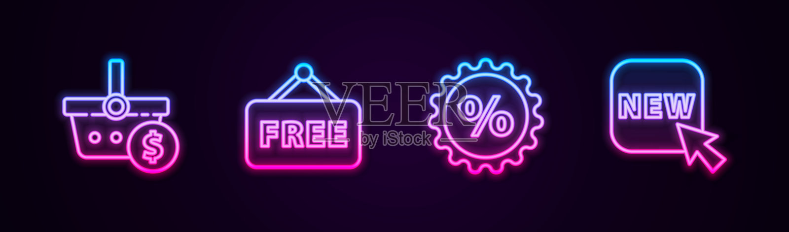 设置线购物篮和美元，价格标签与文字免费，折扣百分比和按钮新的。发光的霓虹灯图标。向量插画图片素材