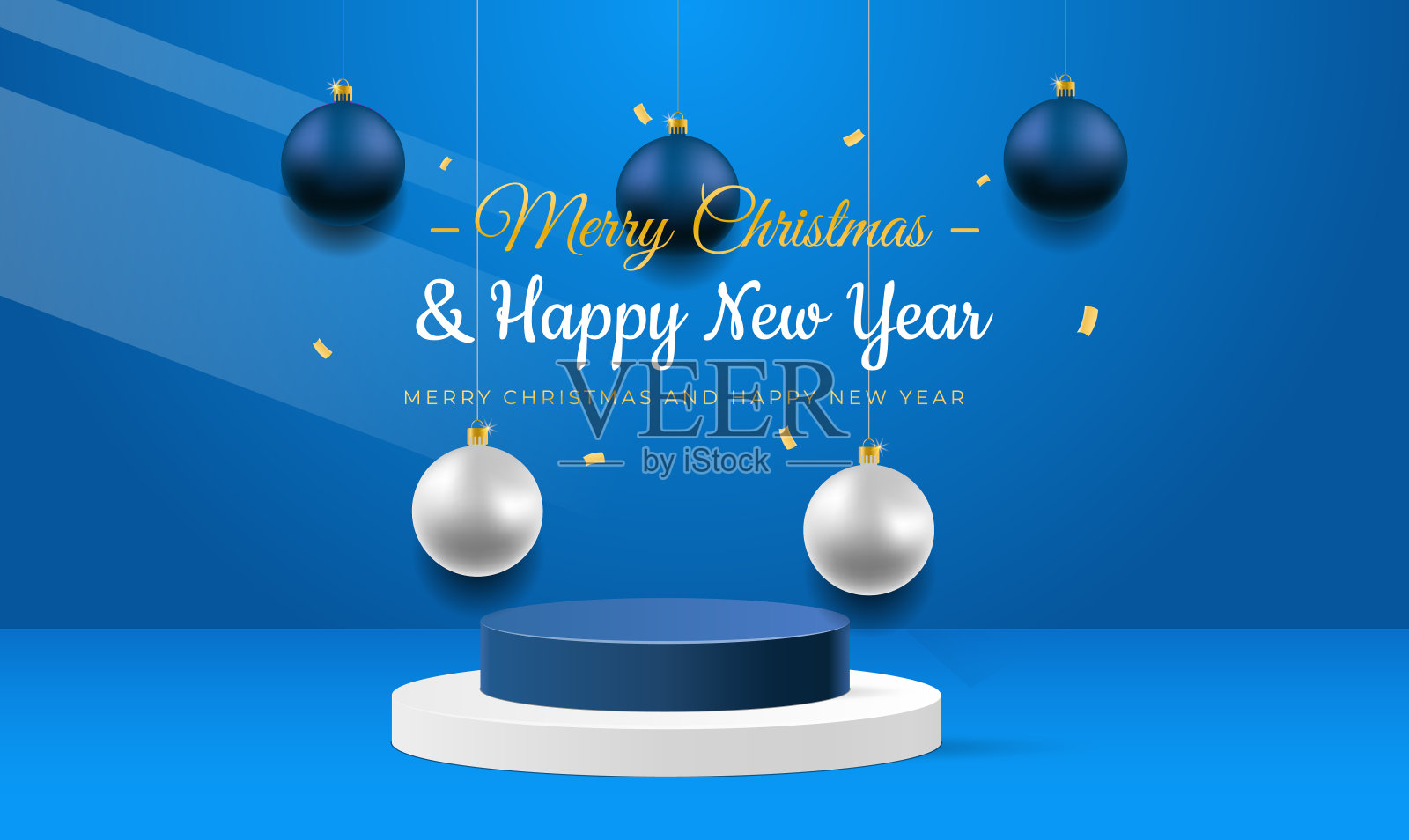 圣诞和新年节日广告背景与产品讲台。圆柱体展示平台或展示模型的产品在蓝色背景。文本空间。矢量图插画图片素材