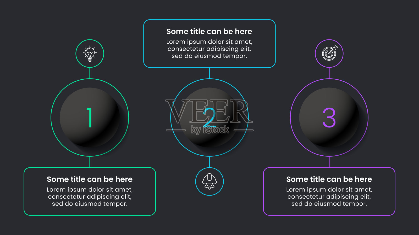 信息图表模板。3个带有数字和图标的暗球插画图片素材