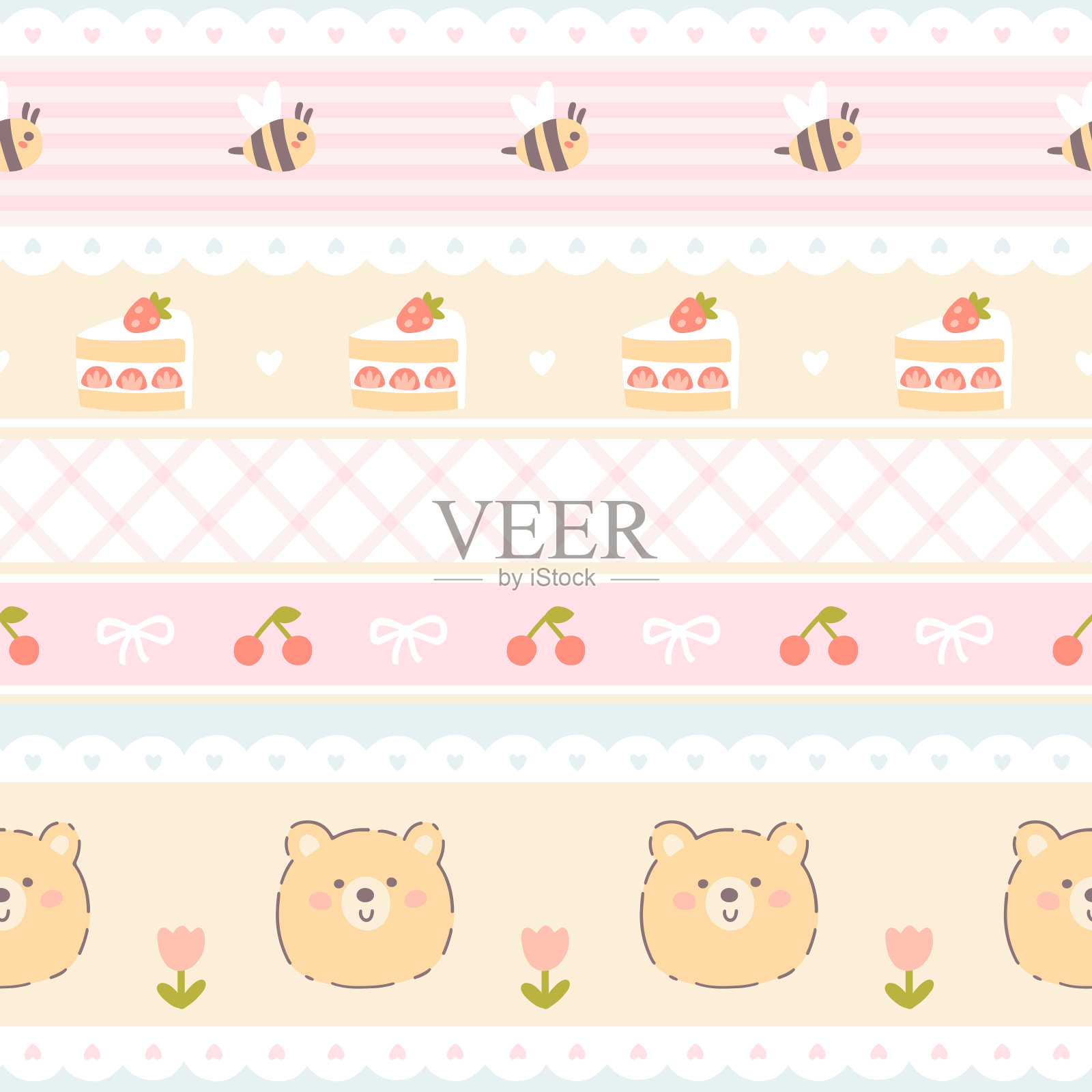 学院风泰迪熊和甜美的各种甜点与草莓花边无缝图案。矢量可爱的卡通手绘复古插图。用于纺织印花、婴儿服装、包装、洗涤。插画图片素材