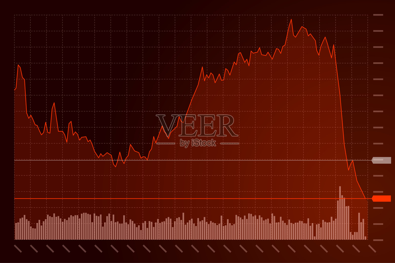 股市下跌技术分析柱状图。商业交易图表呈下降趋势。危机经济与投资损失图。交易员金融指数崩盘概念。横幅暗背景插画图片素材