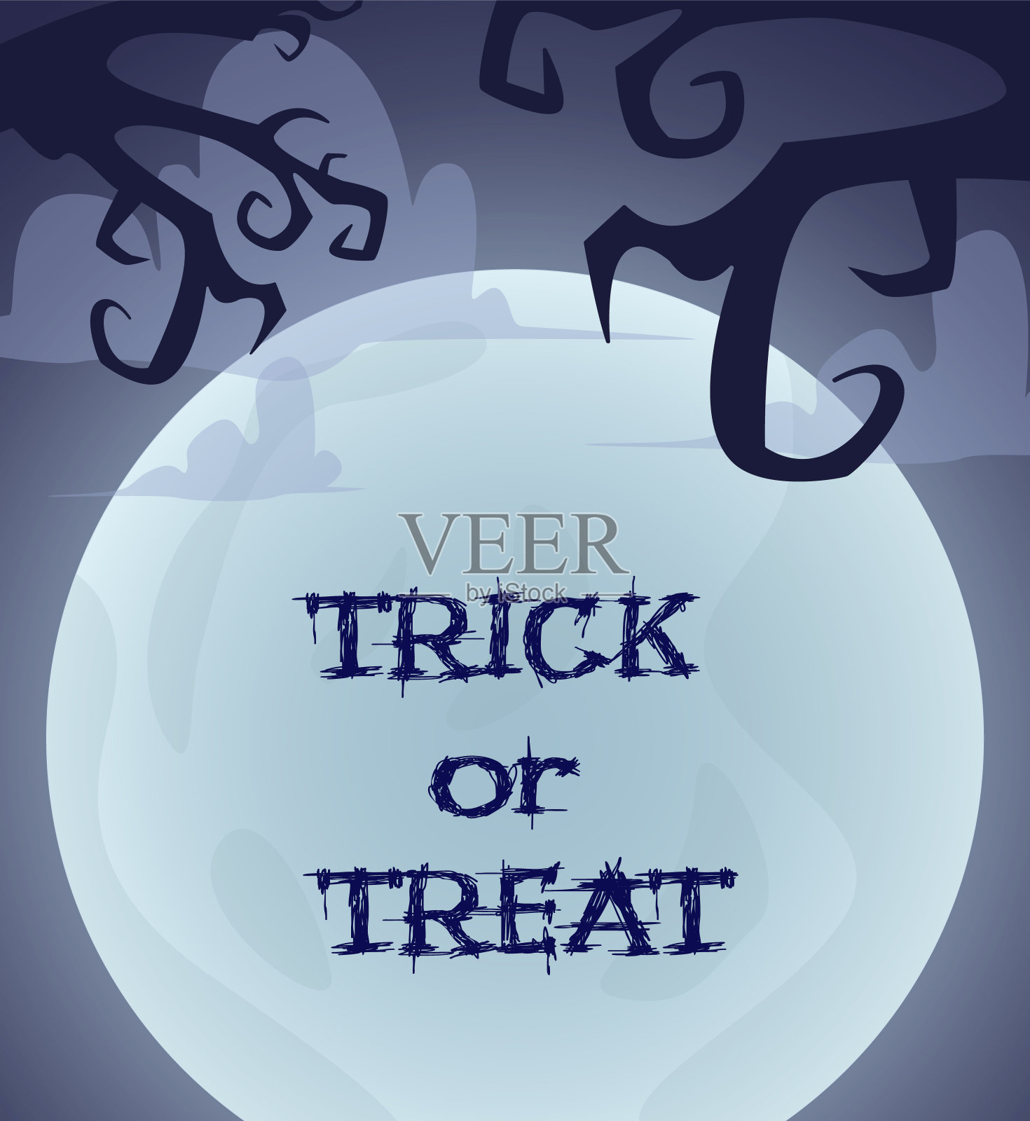 万圣节背景设计与令人毛骨悚然的树枝，云和月亮。插画图片素材