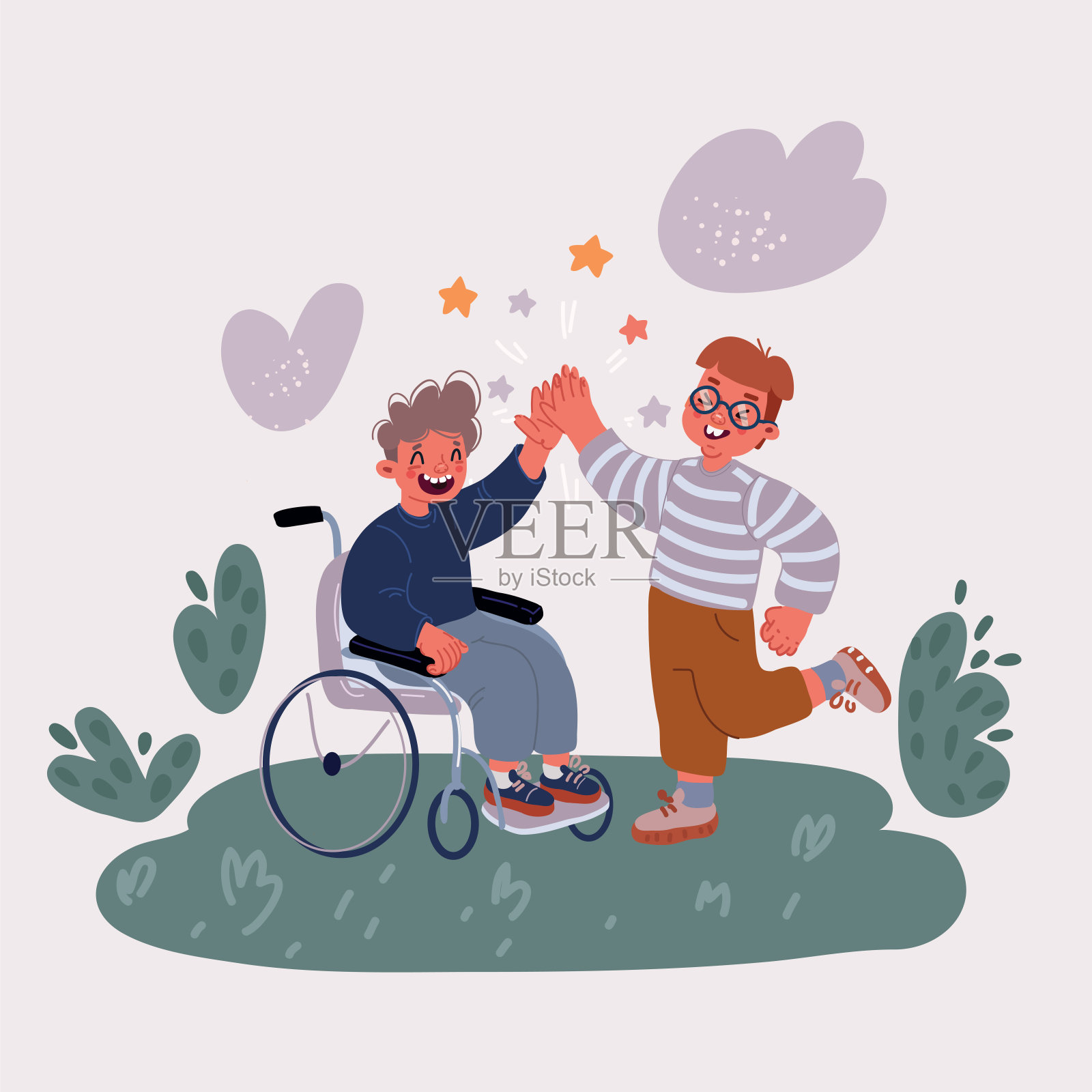 坐轮椅的小男孩与朋友击掌矢量插画儿童友谊概念插画图片素材