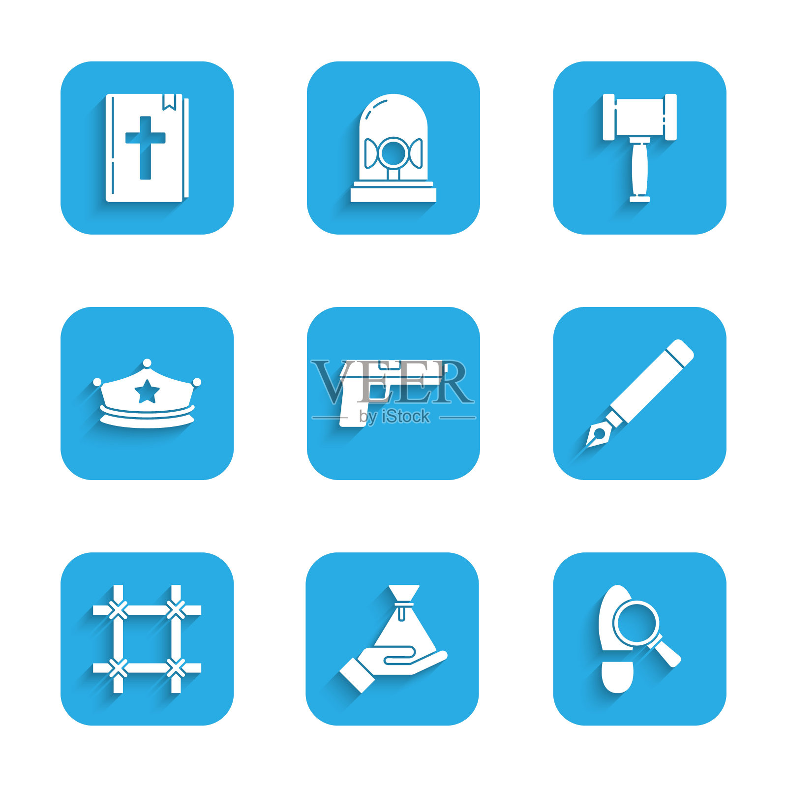 手枪、贿赂钱袋、脚印、钢笔尖、监狱窗户、警帽、法官 gavel 和圣经图标矢量图插画图片素材