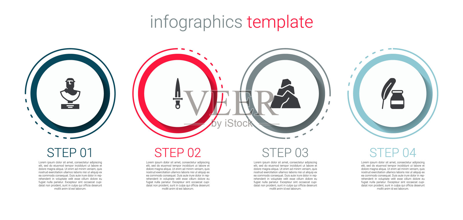 集古代胸像、匕首、石头、羽毛和墨水瓶。业务信息图表模板。向量插画图片素材