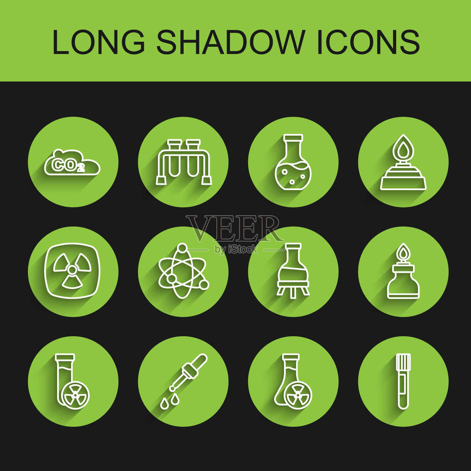 设置线试管有毒液体，移液器，二氧化碳排放在云，原子，酒精或精神燃烧器和图标。向量插画图片素材