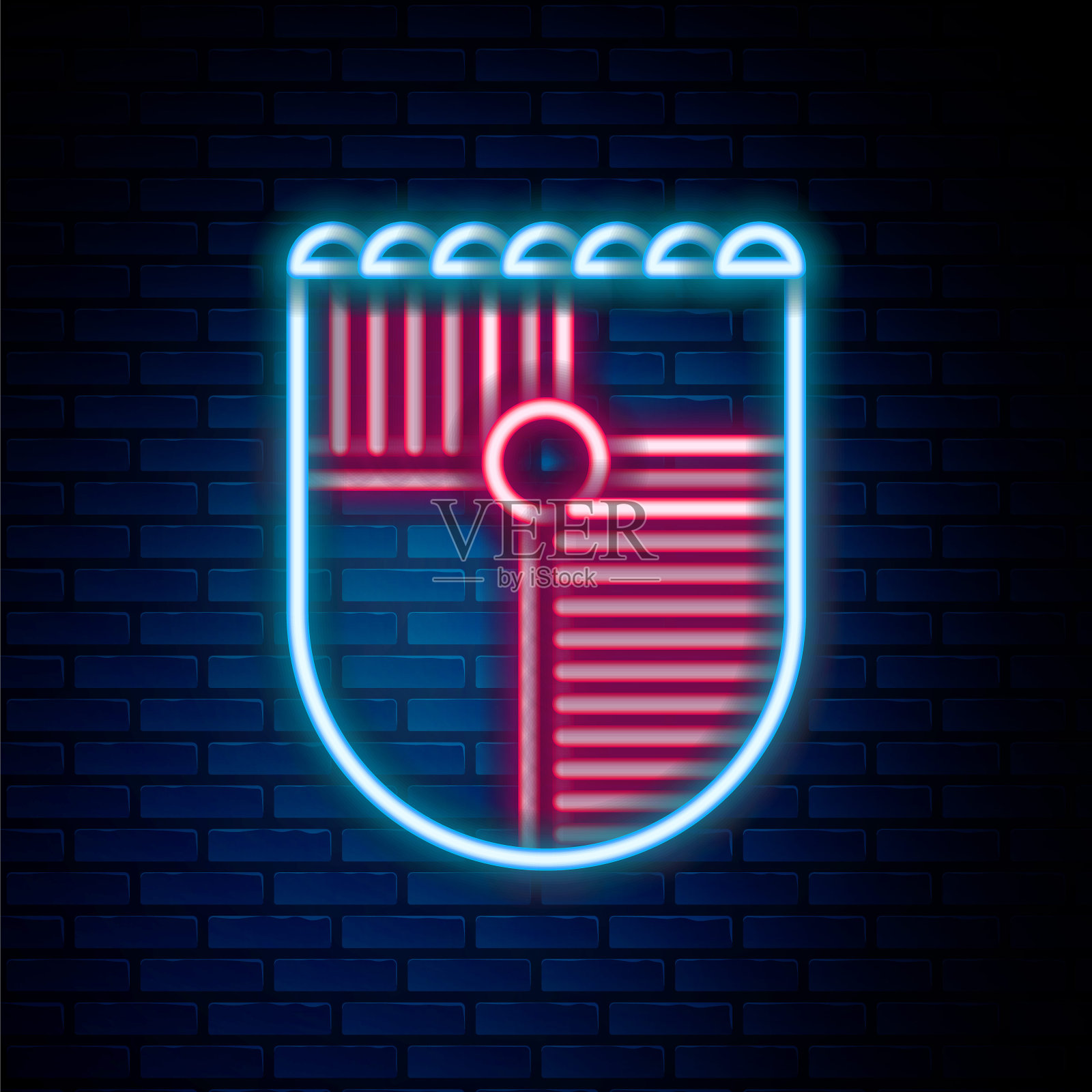 发光的霓虹灯线屏蔽游戏图标隔离在砖墙背景。色彩缤纷的轮廓概念。向量插画图片素材