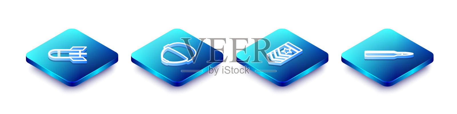 集等距线航空炸弹，军事头盔，雪佛龙和子弹图标。向量插画图片素材