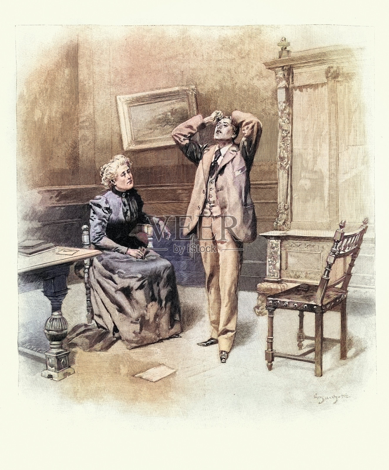 沮丧的年轻人双手抱头，悲伤的女人在一旁看着，浪漫，法国，法国，老式插图，19世纪90年代。Jean De La Brete的《徒劳》场景插画图片素材