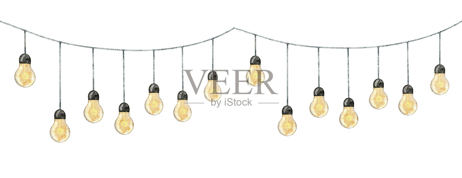 水彩画挂灯泡串。无缝边框与灯花环聚会装饰设计。庆祝用的电彩带插图。发光的亮线插画图片素材