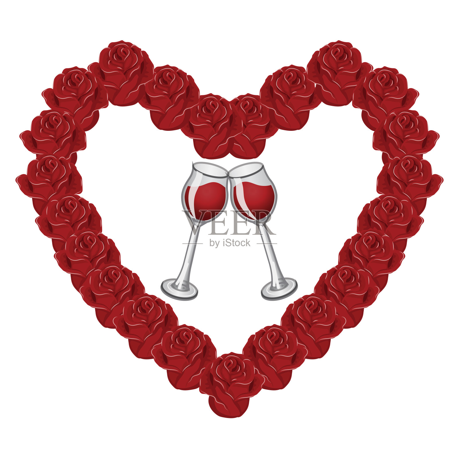 用玫瑰花做成的心形镜框里装着几杯葡萄酒。矢量插图隔离在白色背景上。插画图片素材