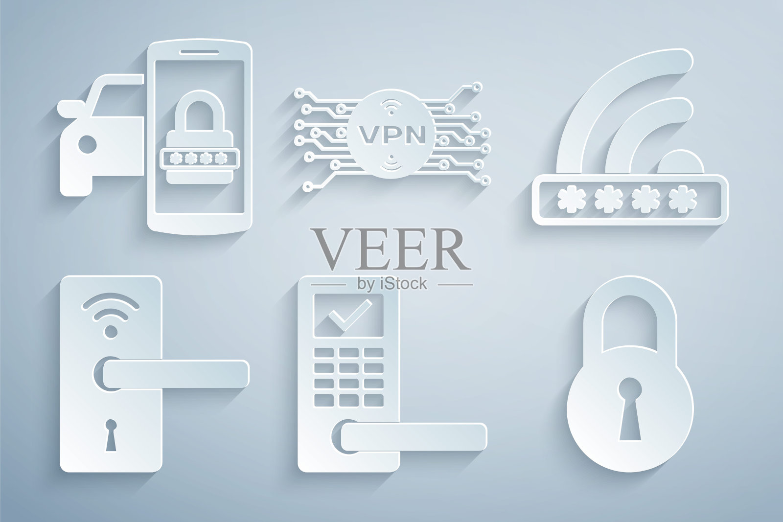 集数字门锁与无线，Wifi锁，，锁，VPN微芯片电路和智能汽车安全系统图标。向量插画图片素材