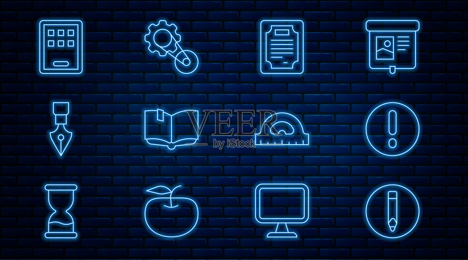 设置线铅笔，语音气泡和感叹号，证书模板，打开书，喷泉笔尖，图形平板电脑，量角器网格和定时带套件图标。向量插画图片素材