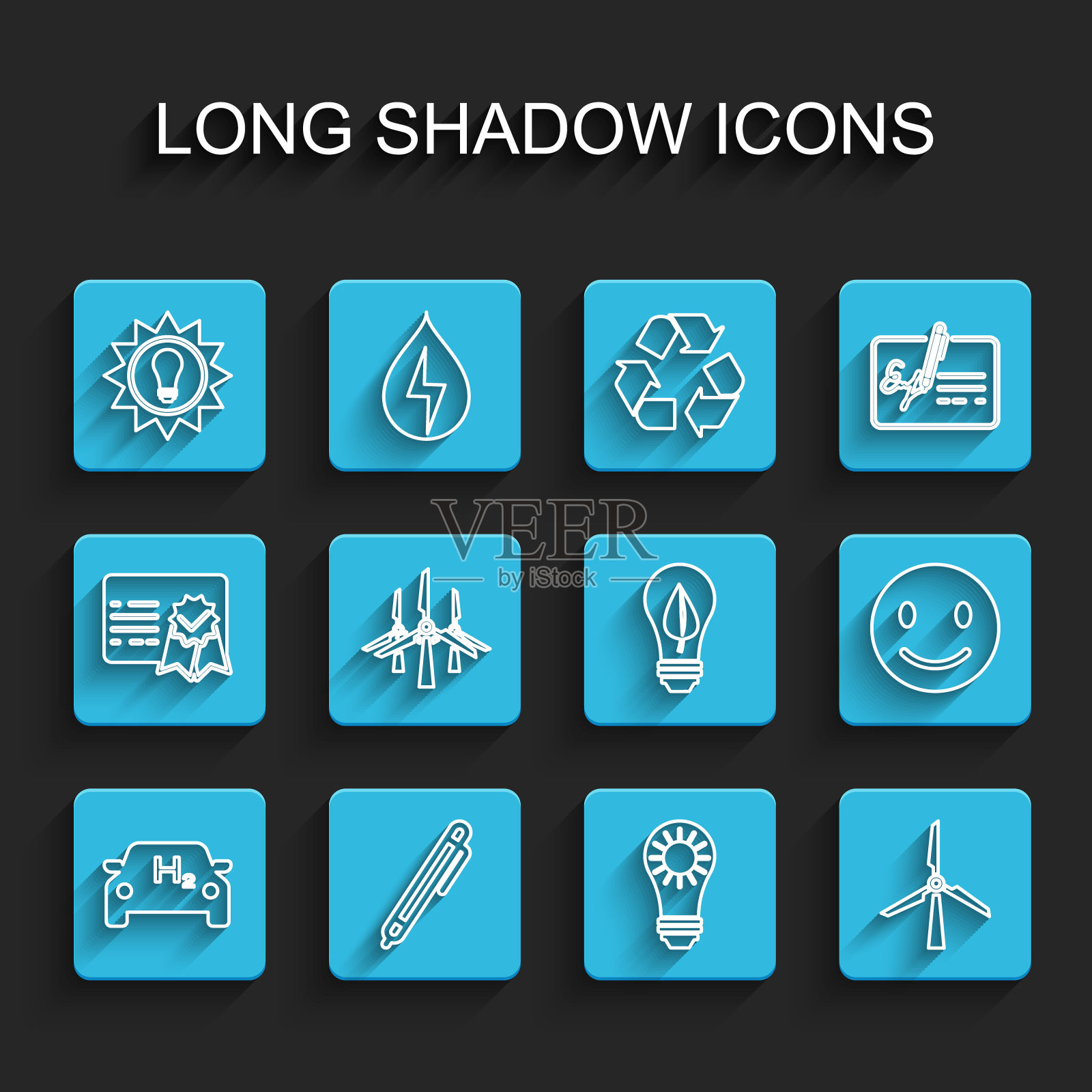 集线氢燃料汽车，笔，太阳能电池板，风力涡轮机，涡轮机，笑脸和灯泡与叶片图标。向量插画图片素材