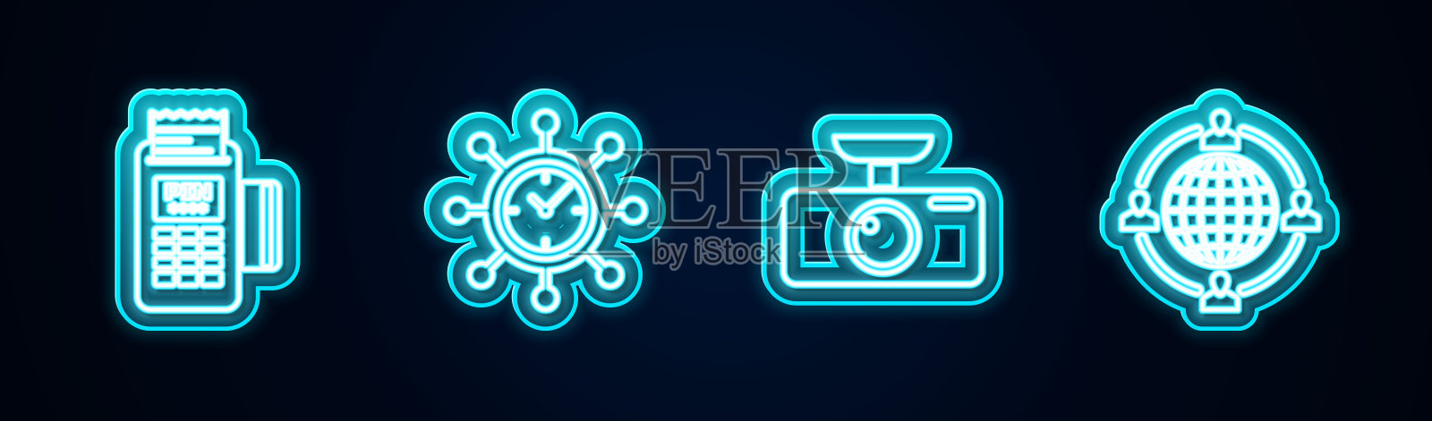 集线POS终端、时钟齿轮、车载DVR及外包概念。发光的霓虹灯图标。向量插画图片素材