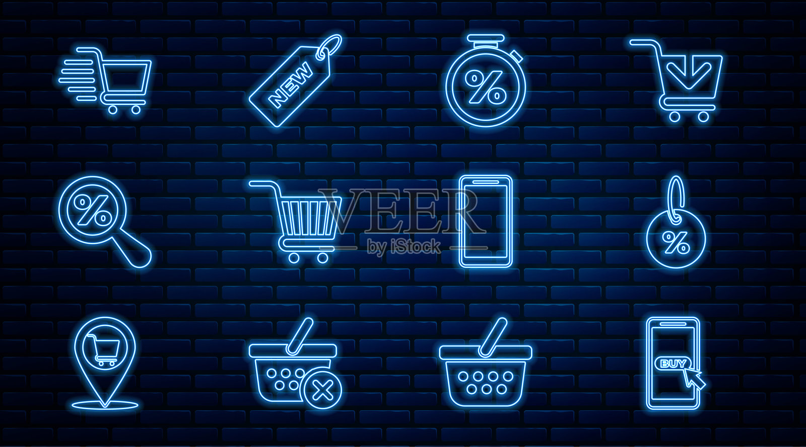 设置线移动和购物车，折扣百分比标签，秒表，购物，放大镜，智能手机，手机和价格新图标。向量插画图片素材