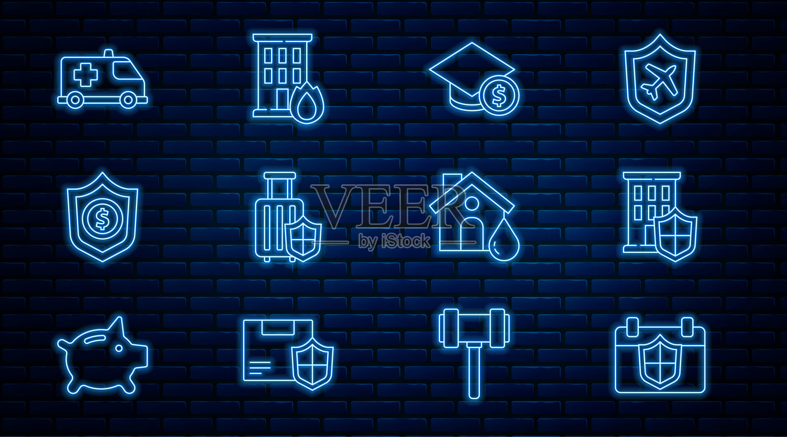 带盾牌的日历、房屋、毕业帽和硬币、旅行箱、盾牌美元、紧急车辆、洪水和房屋火灾图标矢量素材插画图片素材