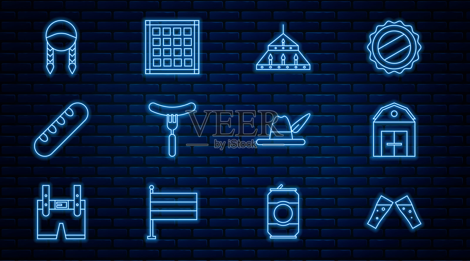 啤酒酒杯，农舍，巨大的钢制吊灯，叉子上的香肠，法国法棍面包，辫子，啤酒节帽子和方格餐巾图标。向量插画图片素材