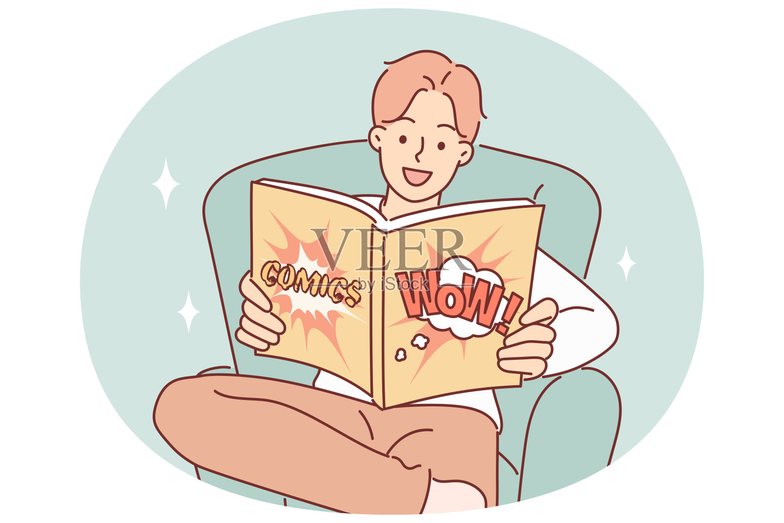 一个面带微笑的男人坐在椅子上看超级英雄拯救世界的漫画插画图片素材