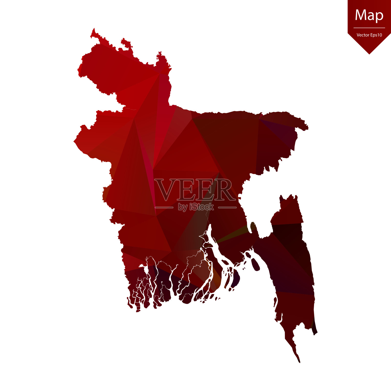 地图的孟加拉国-红色几何皱巴巴的三角形，多边形设计为您。插画图片素材
