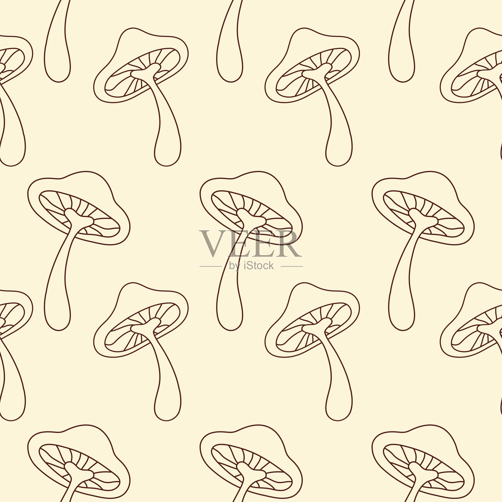 花线性无缝图案与可爱的蘑菇在米色背景插画图片素材