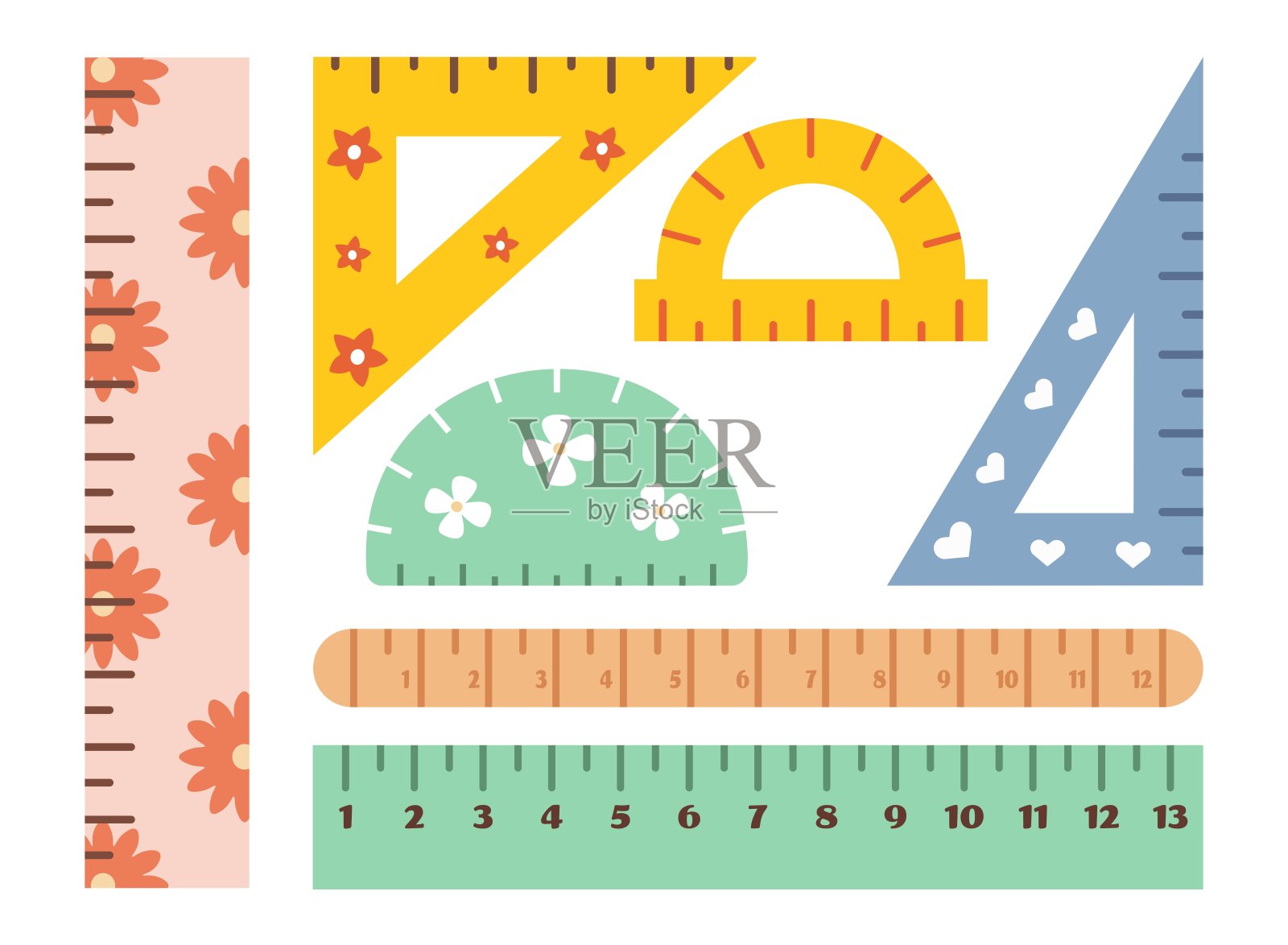 多色标尺集。可爱的文具和学校的尺子与花卉元素。手绘矢量插图隔离在透明的背景。插画图片素材