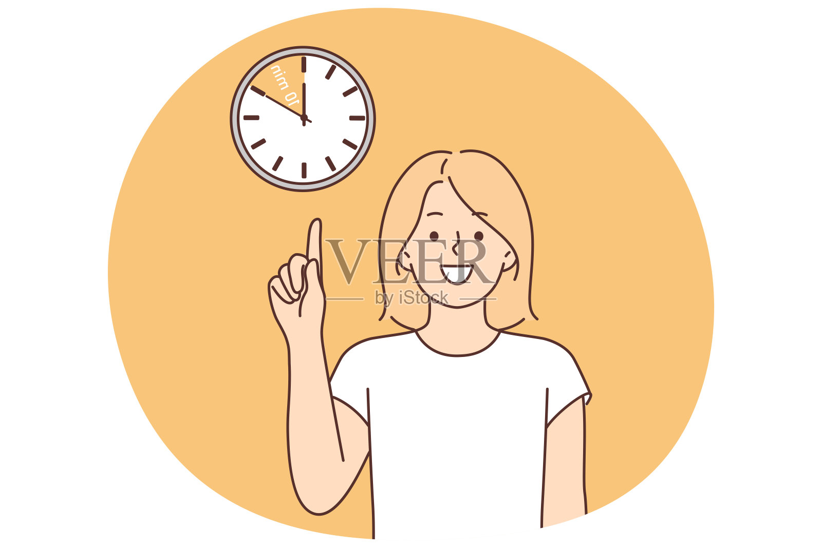女人用手指指着时钟，提醒休息时间，并希望有时间休息10分钟插画图片素材