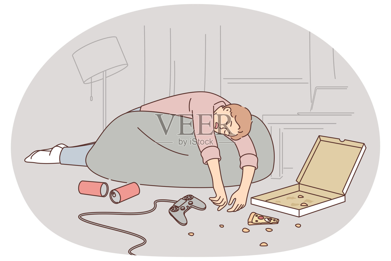 醉酒男子睡在肮脏的公寓里，靠近操纵杆，到处都是披萨和啤酒罐插画图片素材