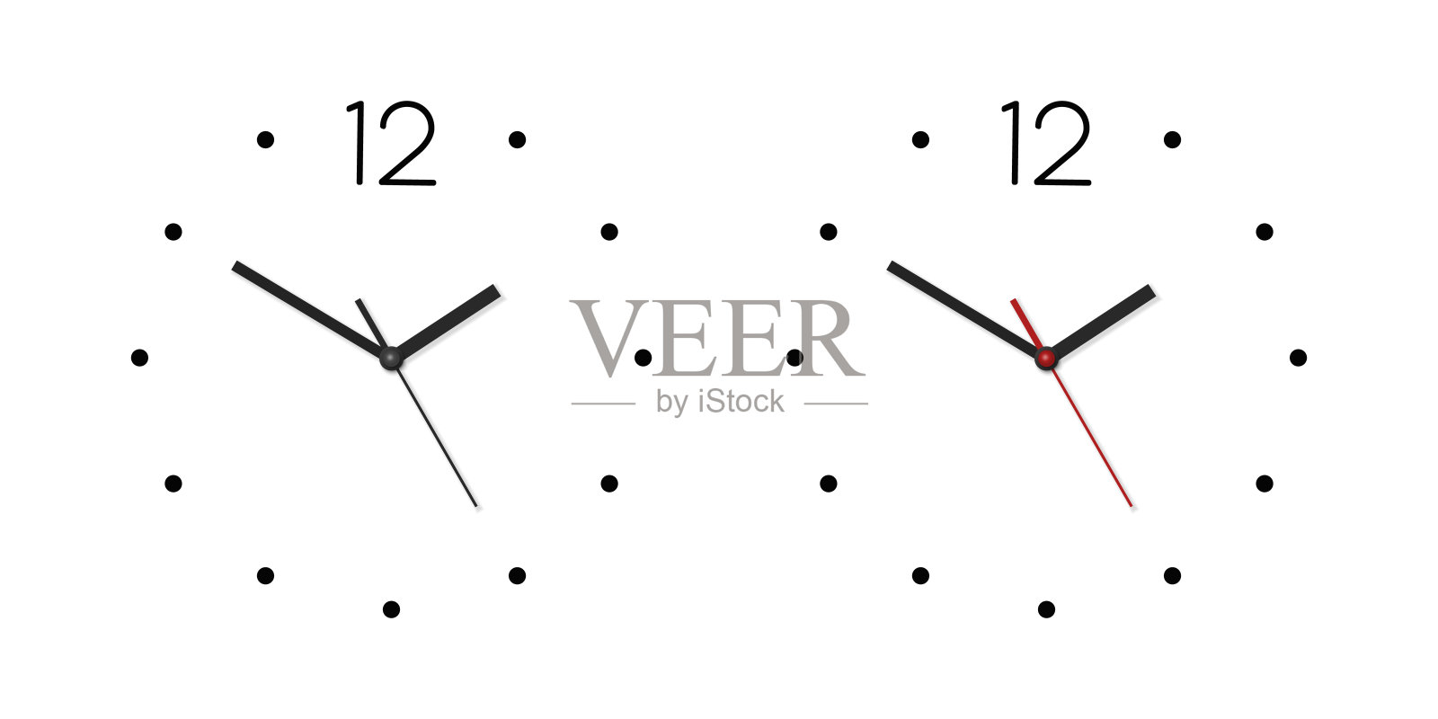 矢量3d现实墙办公室时钟面集。白色和黑色表盘和时钟指针特写隔离。设计模板。简单的极简主义挂钟的正面视图插画图片素材