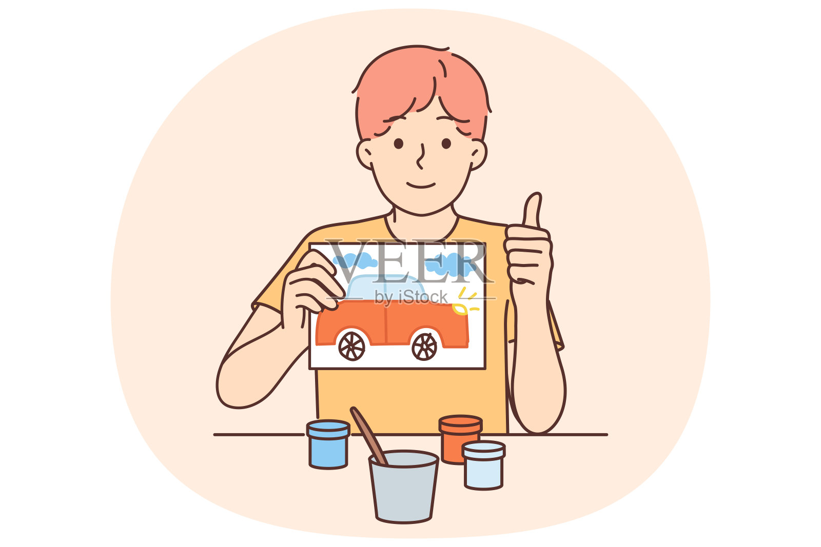 小艺术家男孩手里拿着画画，对新的儿童绘画作品给予反馈插画图片素材