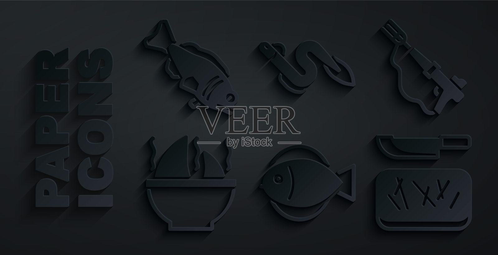 套鱼，鱼叉，鱼翅汤，砧板和刀，鳗鱼鱼和图标。向量插画图片素材