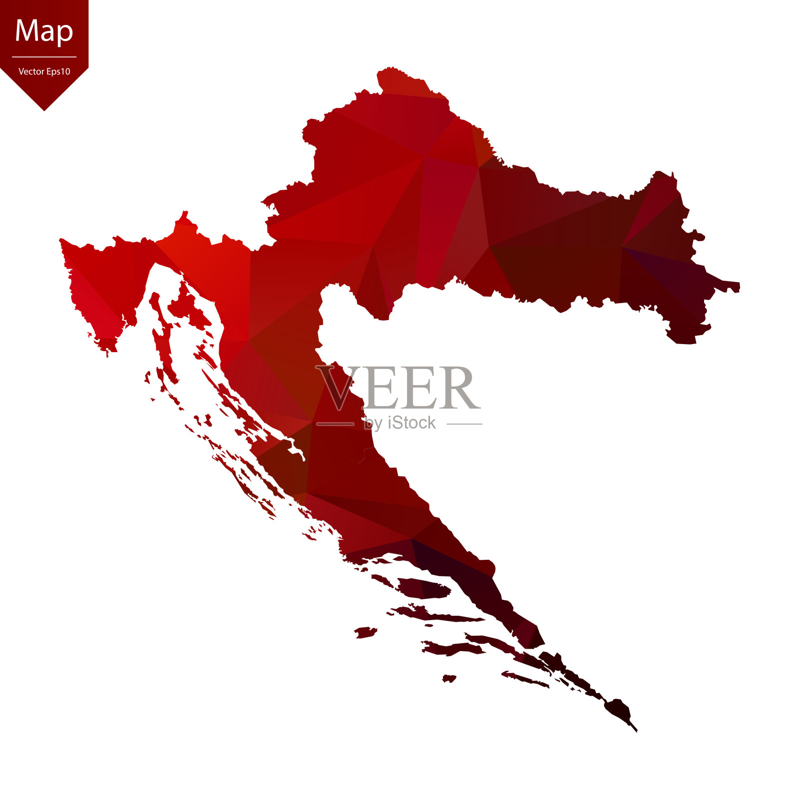 克罗地亚地图-红色几何皱巴巴的三角形，多边形的设计为您。插画图片素材