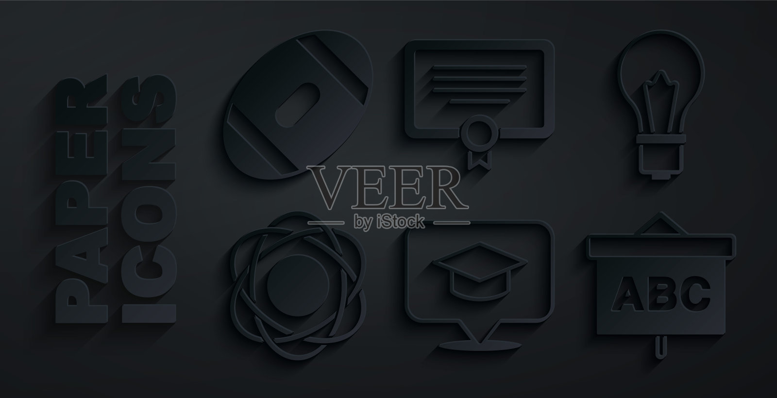 设置毕业帽在演讲泡沫，灯泡的想法，原子，黑板，证书模板和美式足球图标。向量插画图片素材