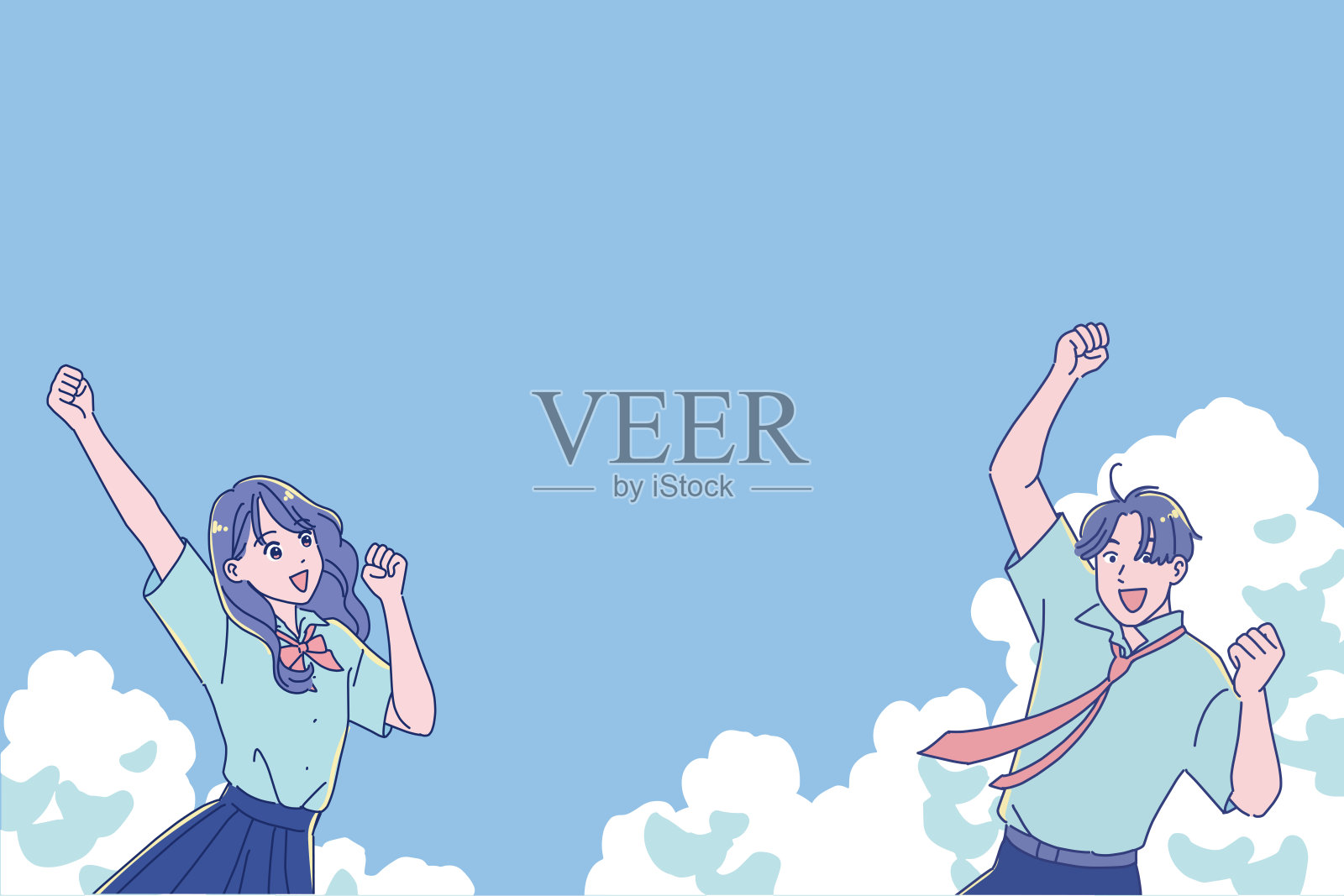 高中的男女学生微笑着挥舞着拳头插画图片素材