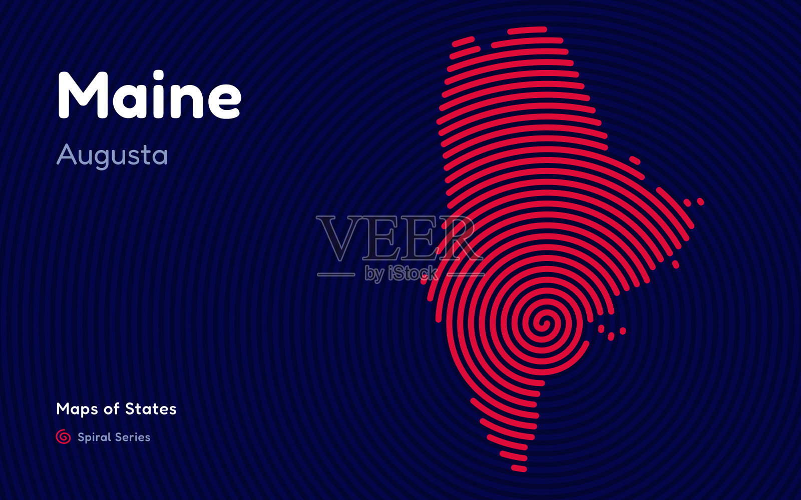 缅因州的螺旋形地图:奥古斯塔占据中心位置插画图片素材