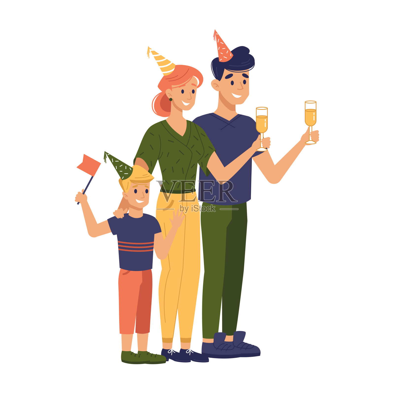 戴着节日帽子的家庭庆祝在线生日派对。矢量孤立的卡通人物与旗帜和香槟酒杯，聚会在线。自我隔离或隔离时的庆祝活动插画图片素材