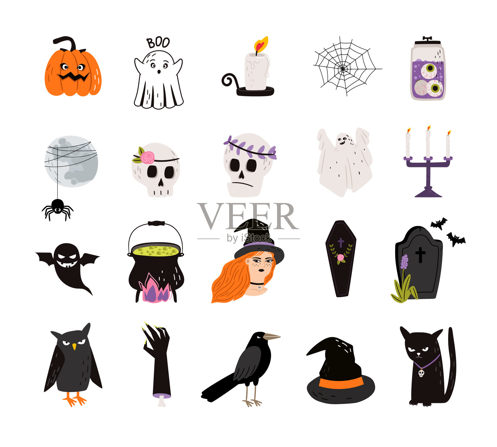 万圣节元素集蜘蛛网，骷髅，女巫坩埚，有趣的南瓜，帽子，蜘蛛，月亮，蝙蝠，鬼魂插画图片素材